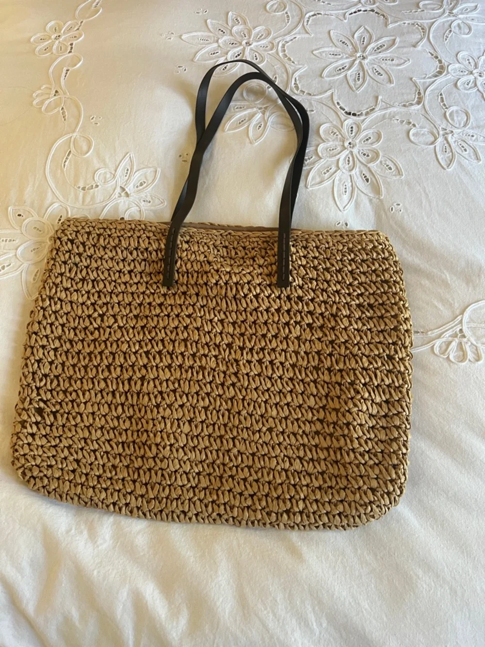 Woven Straw Tote Bag with Black Handles - Natural Tan - Picture 2 of 5